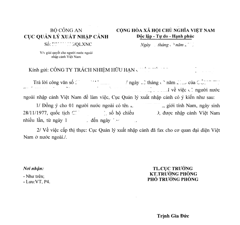 Approval letter for entry